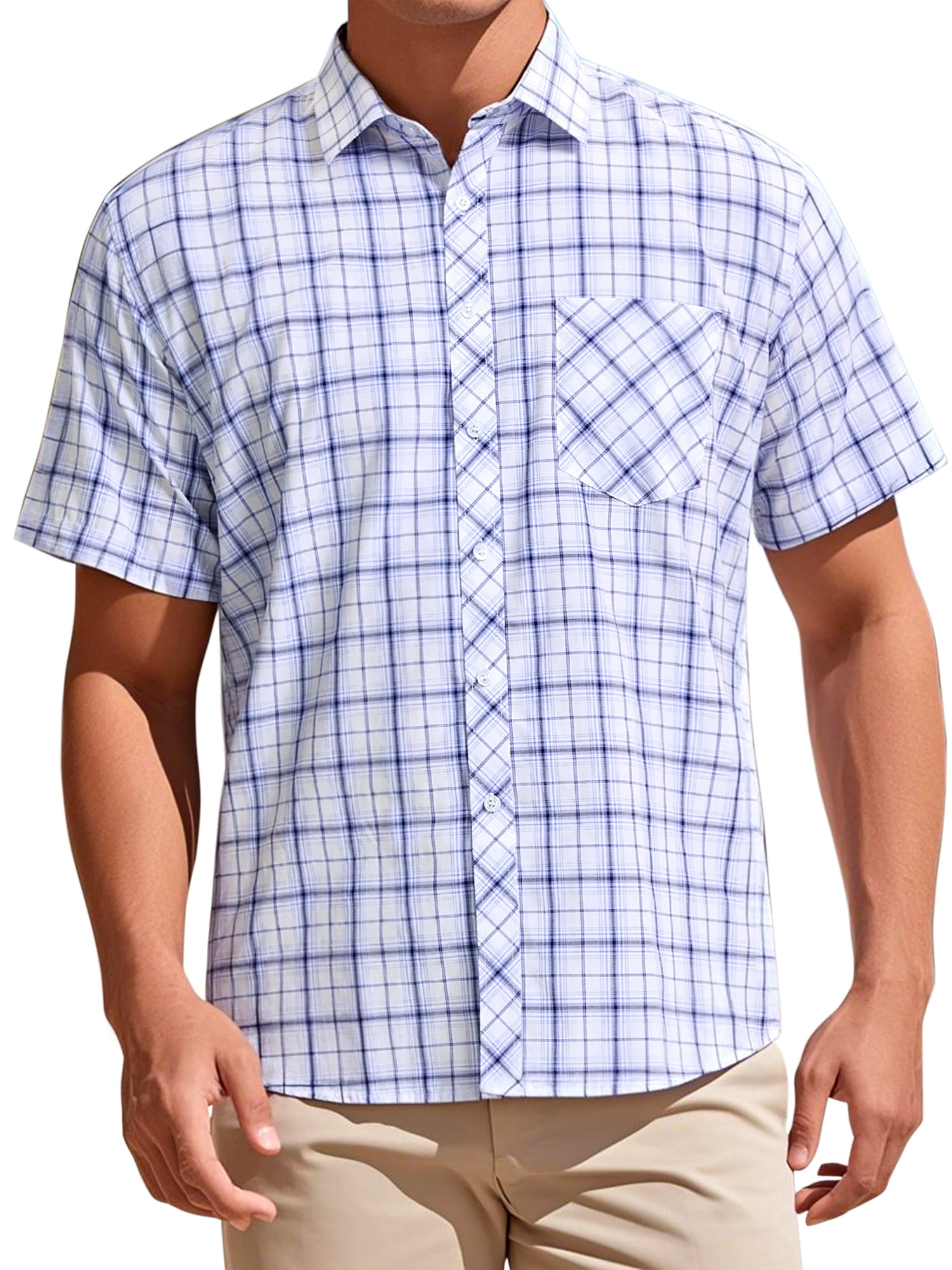 DARING DIVA Men's Plaid Short Sleeved Button Down Business Checked Dress Shirt XL Blue