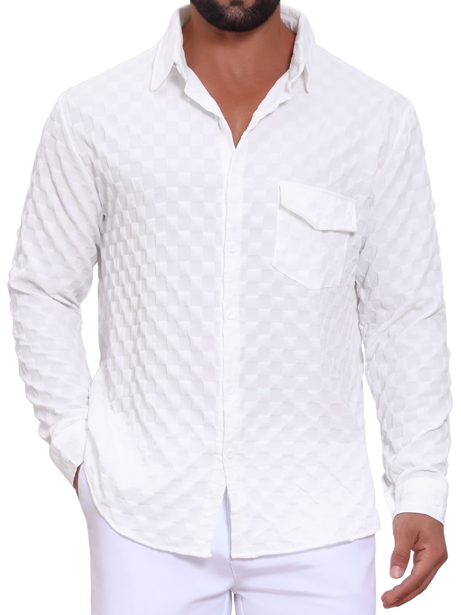 DARING DIVA Men's Plaid Textured Casual Long Sleeve Button Down Shirt S White