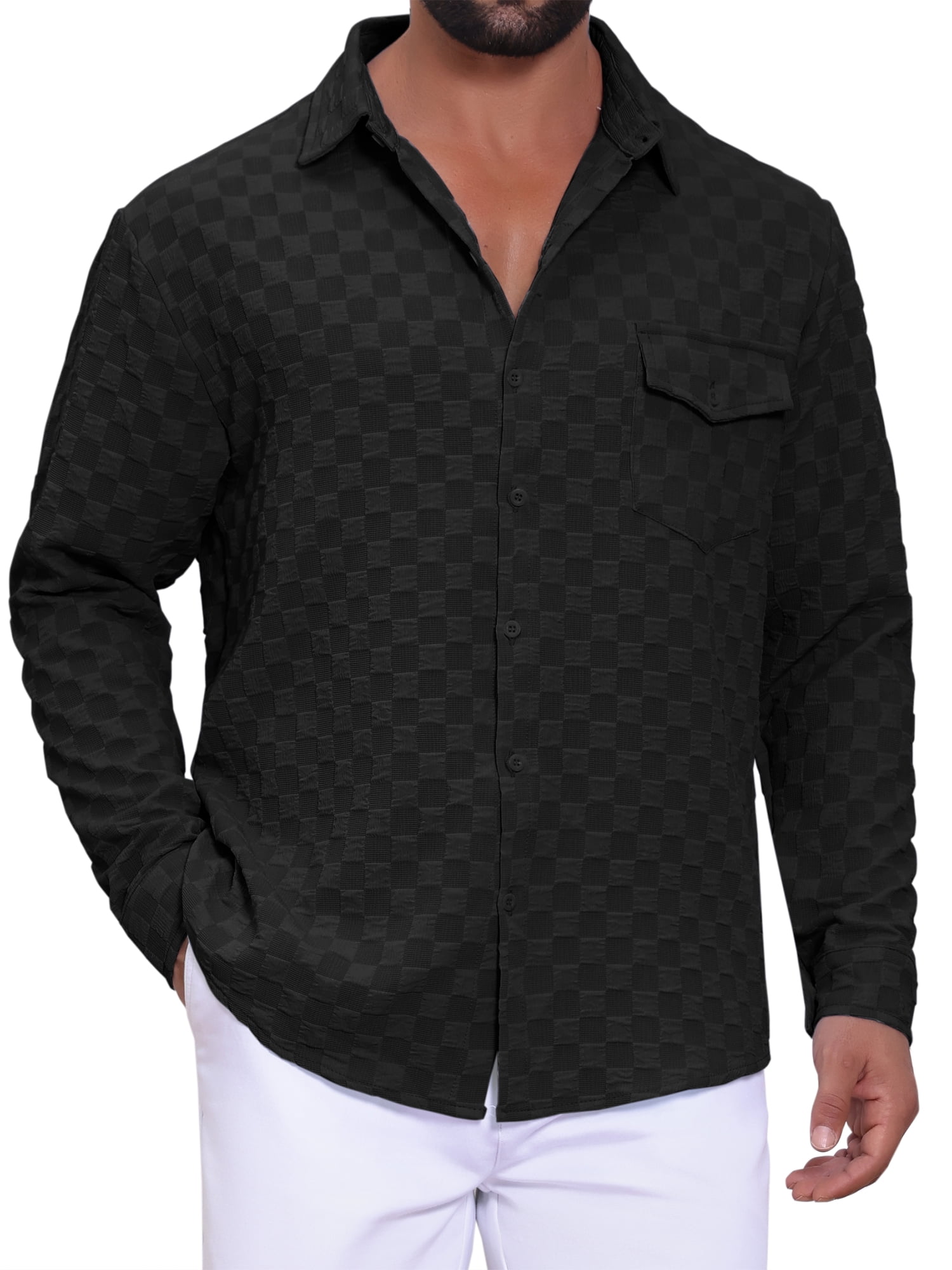 DARING DIVA Men's Plaid Textured Casual Long Sleeve Button Down Shirt XL Black