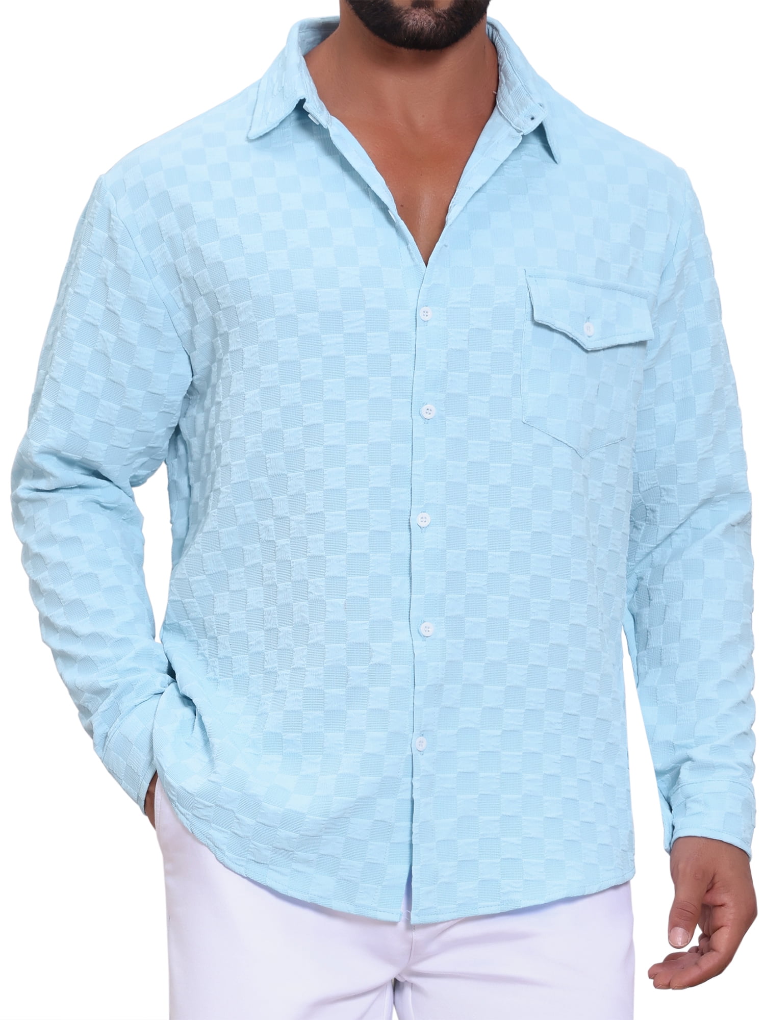 DARING DIVA Men's Plaid Textured Casual Long Sleeve Button Down Shirt XL Sky Blue