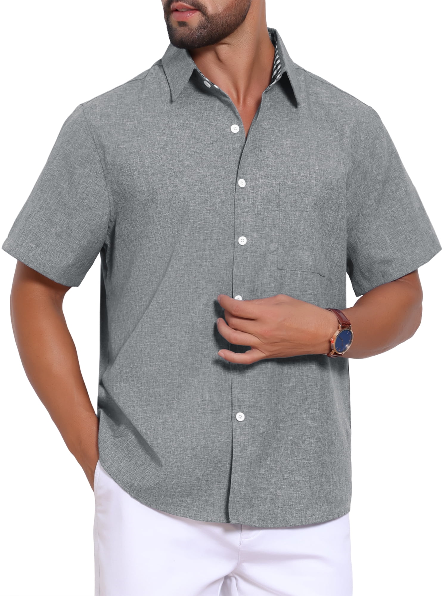 DARING DIVA Men's Plain Linen Short Sleeve Contrast Color Collar Shirts M Gray