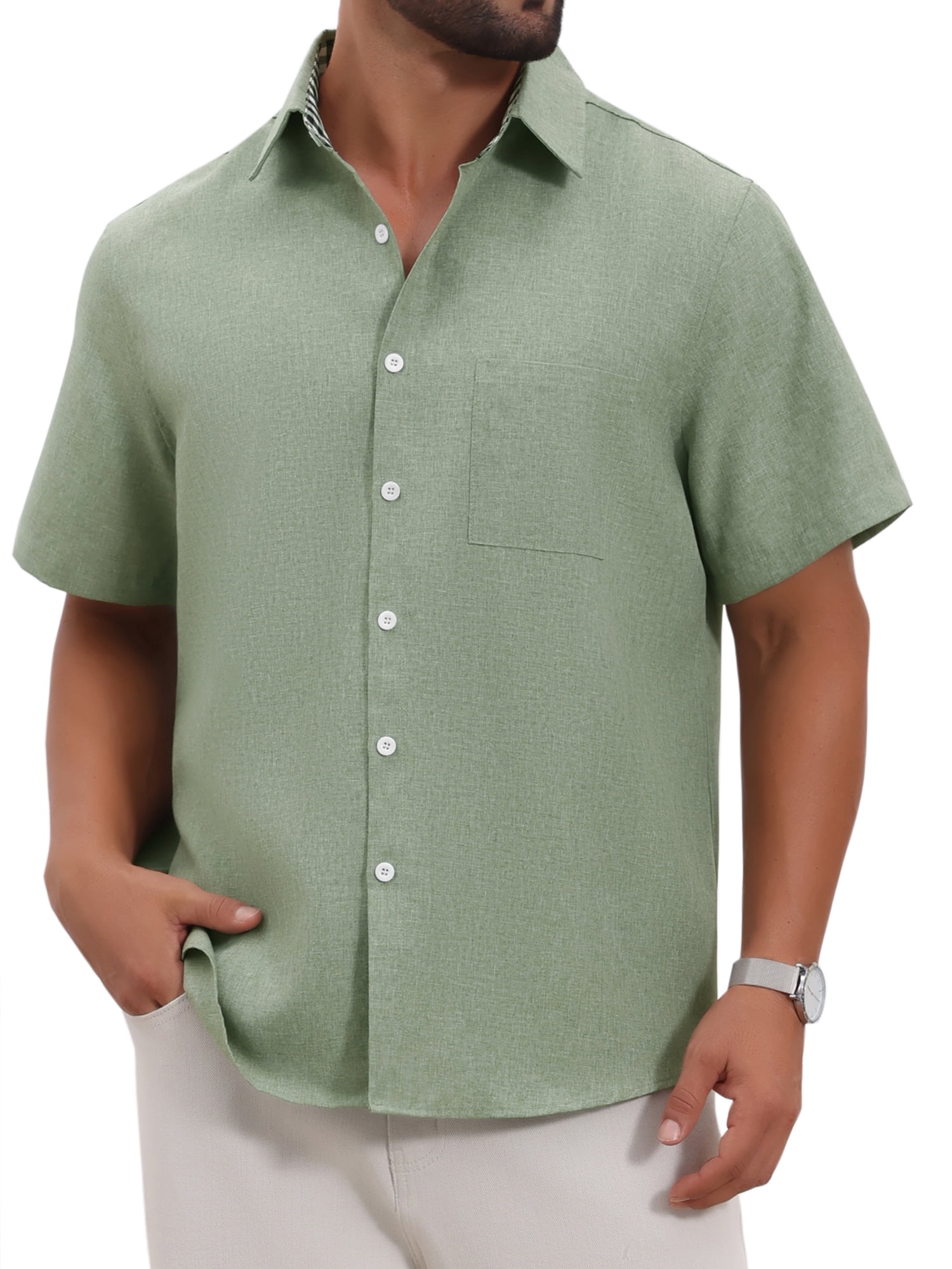 DARING DIVA Men's Plain Linen Short Sleeve Contrast Color Collar Shirts M Light Green