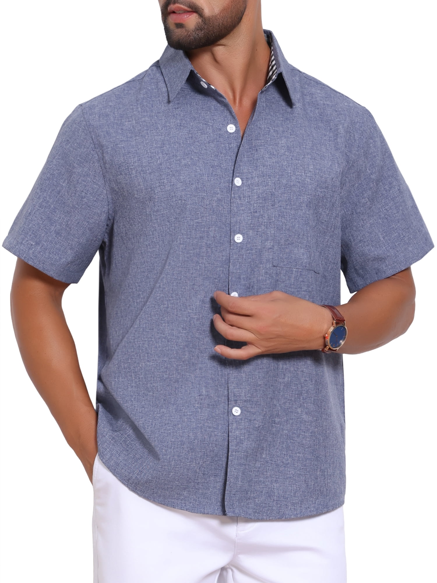 DARING DIVA Men's Plain Linen Short Sleeve Contrast Color Collar Shirts S Denim Blue