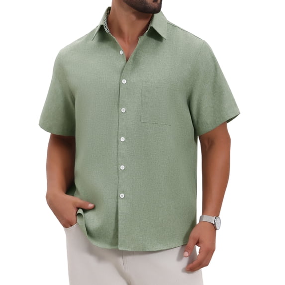 DARING DIVA Men's Plain Linen Short Sleeve Contrast Color Collar Shirts XL Light Green