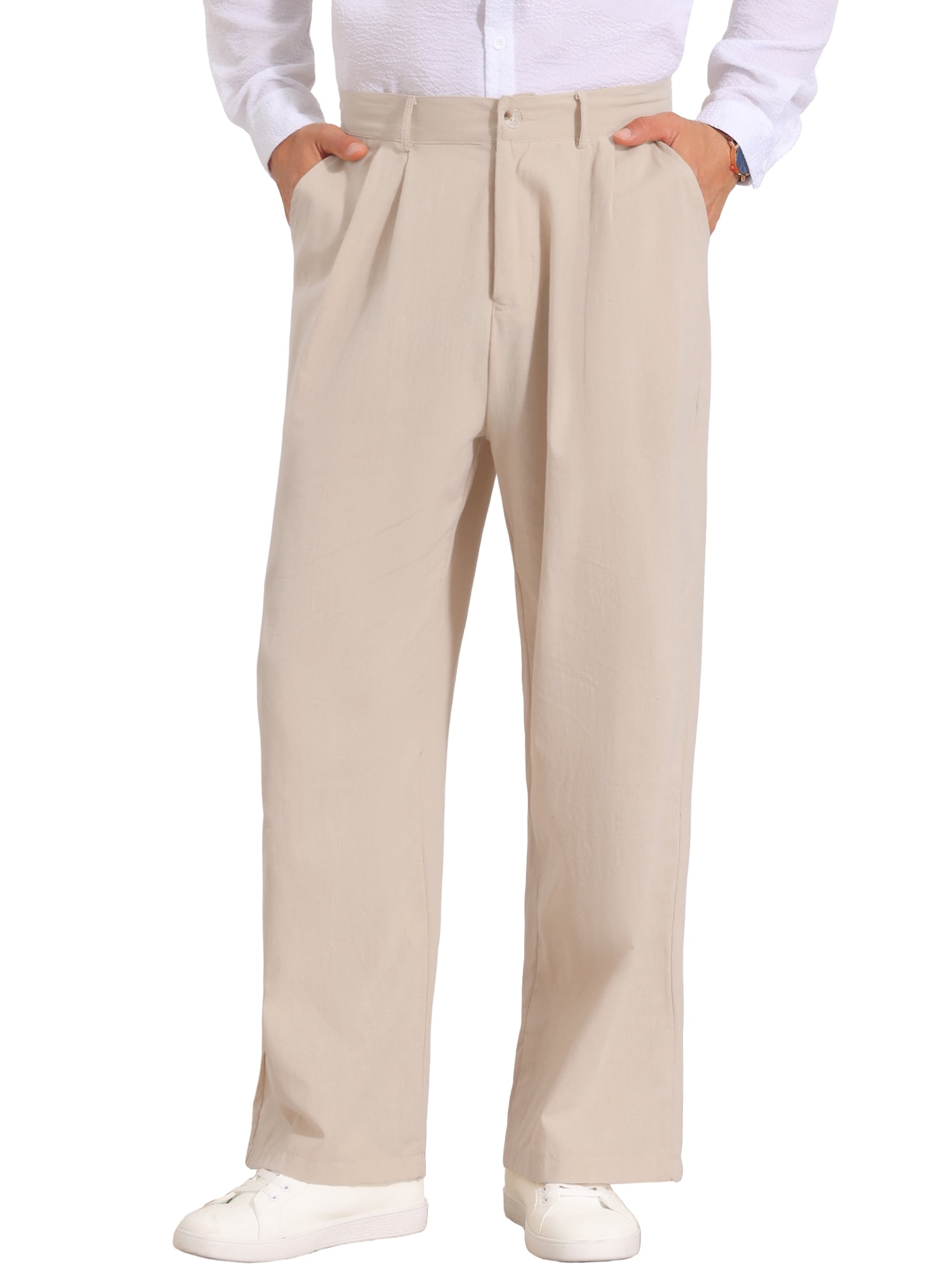 DARING DIVA Men's Lightweight Breathable Linen Pleated Pants with Side Pockets 28 Khaki