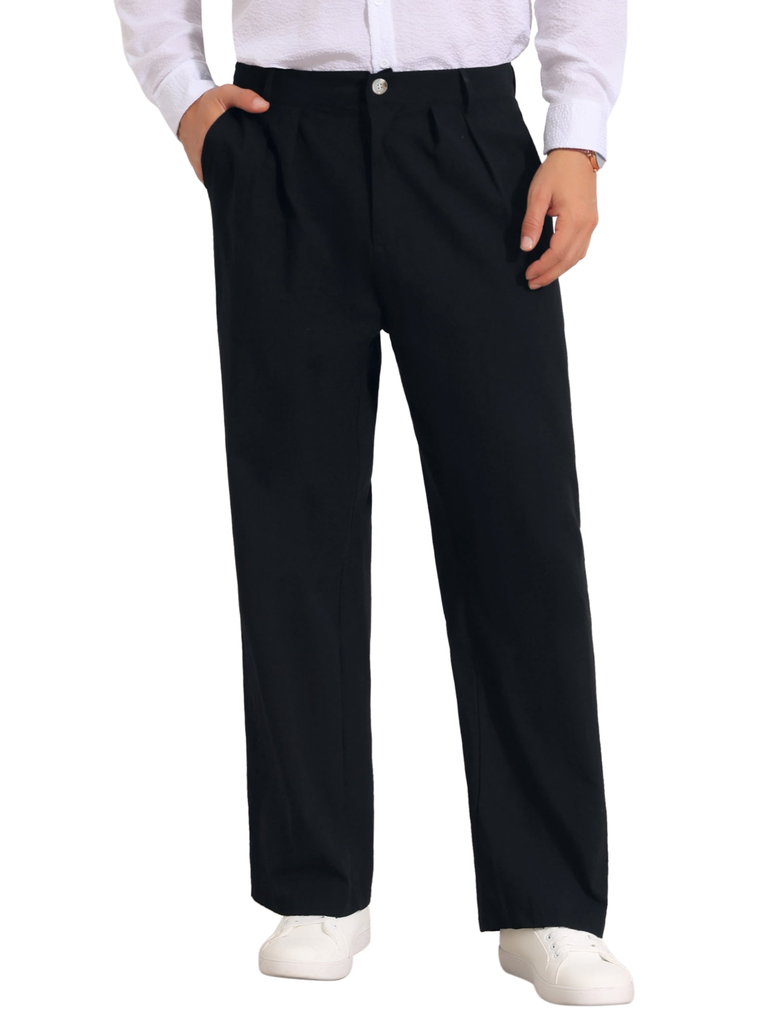 DARING DIVA Men's Lightweight Breathable Linen Pleated Pants with Side Pockets 32 Black