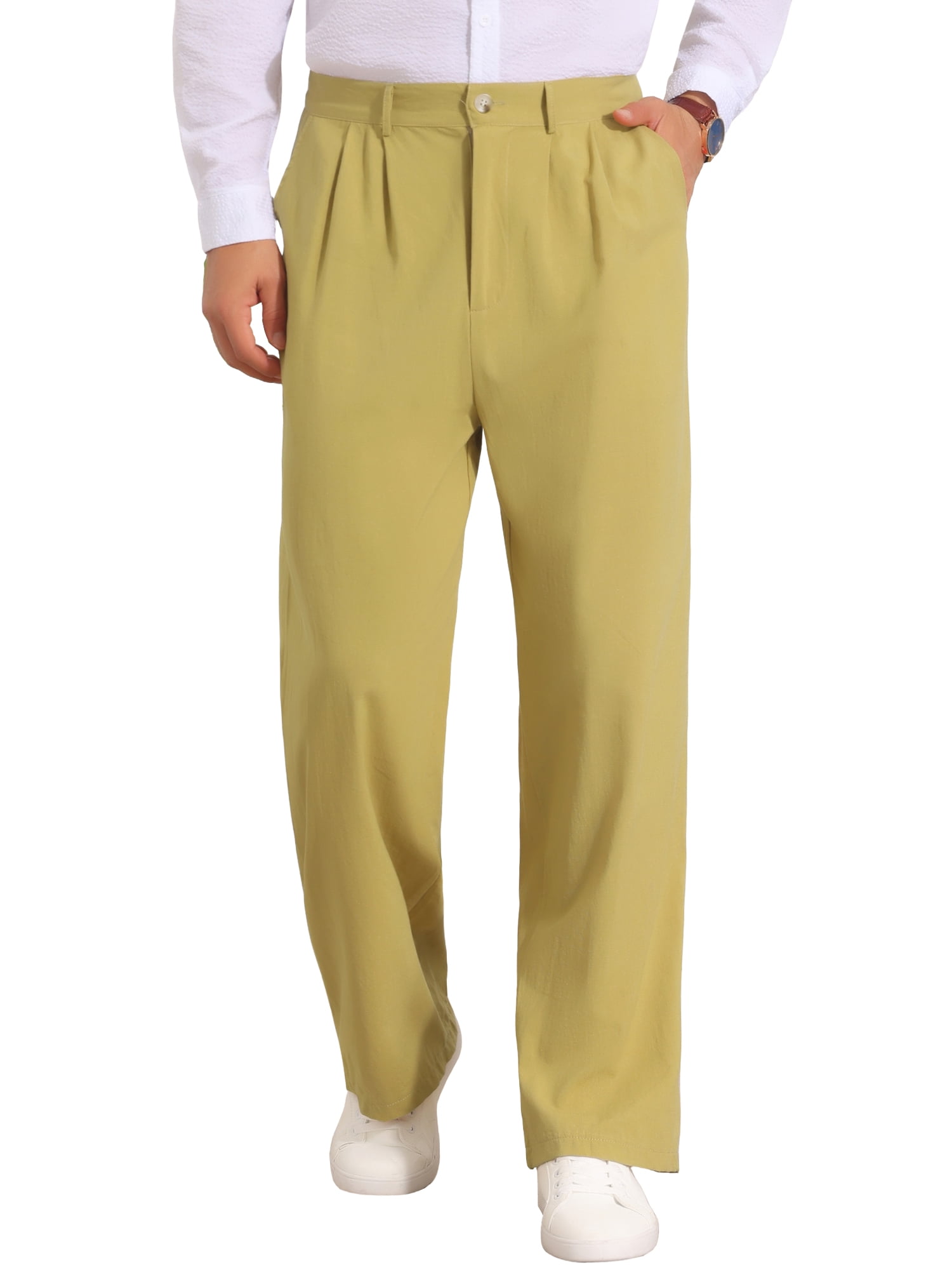 DARING DIVA Men's Lightweight Breathable Linen Pleated Pants with Side Pockets 38 Olive Green