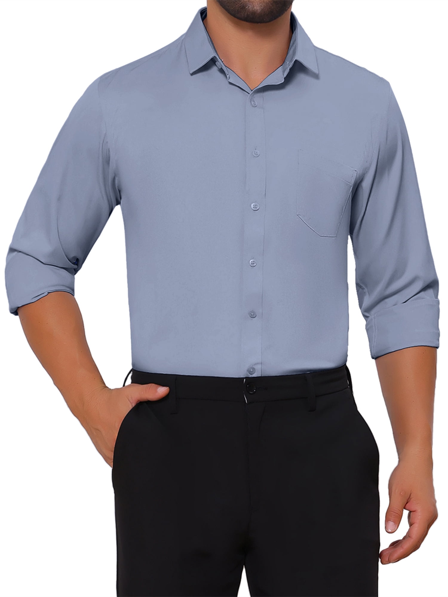 DARING DIVA Men's Point Collar Button Long Sleeve Business Shirts L Gray