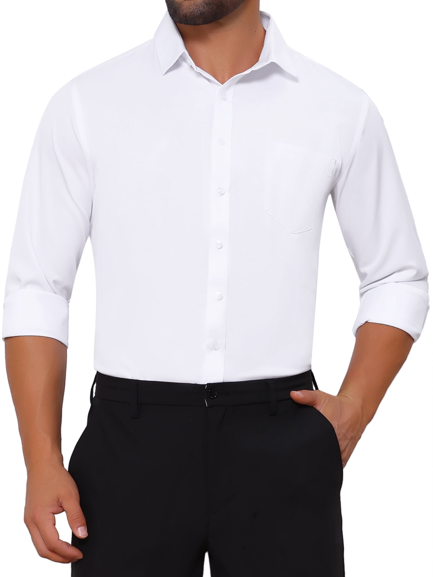 DARING DIVA Men's Point Collar Button Long Sleeve Business Shirts L White