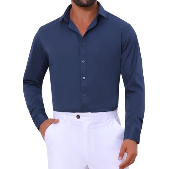 DARING DIVA Men's Point Collar Button Long Sleeve Business Shirts S Dark Blue