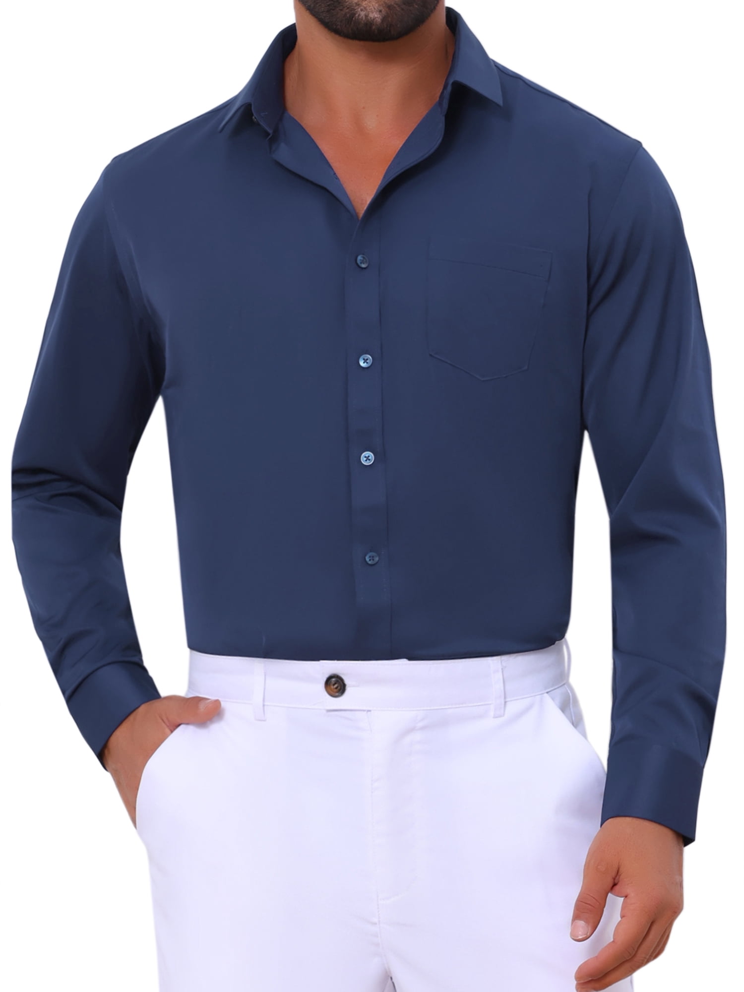 DARING DIVA Men's Point Collar Button Long Sleeve Business Shirts XL Dark Blue