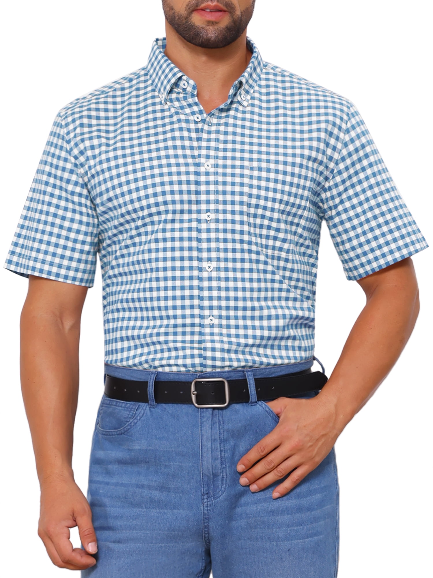 DARING DIVA Men's Point Collar Short Sleeve Button Business Plaid Shirts M Blue White