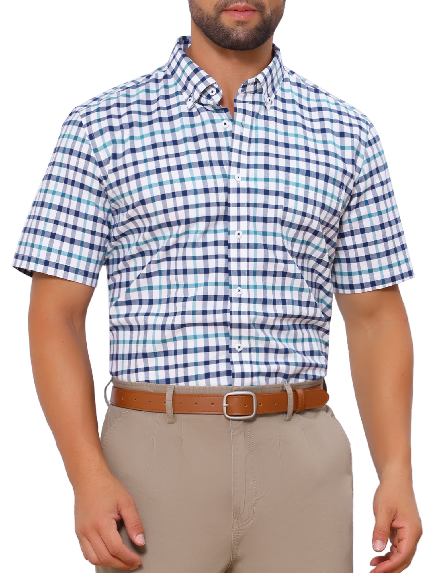 DARING DIVA Men's Point Collar Short Sleeve Button Business Plaid Shirts S White Navy