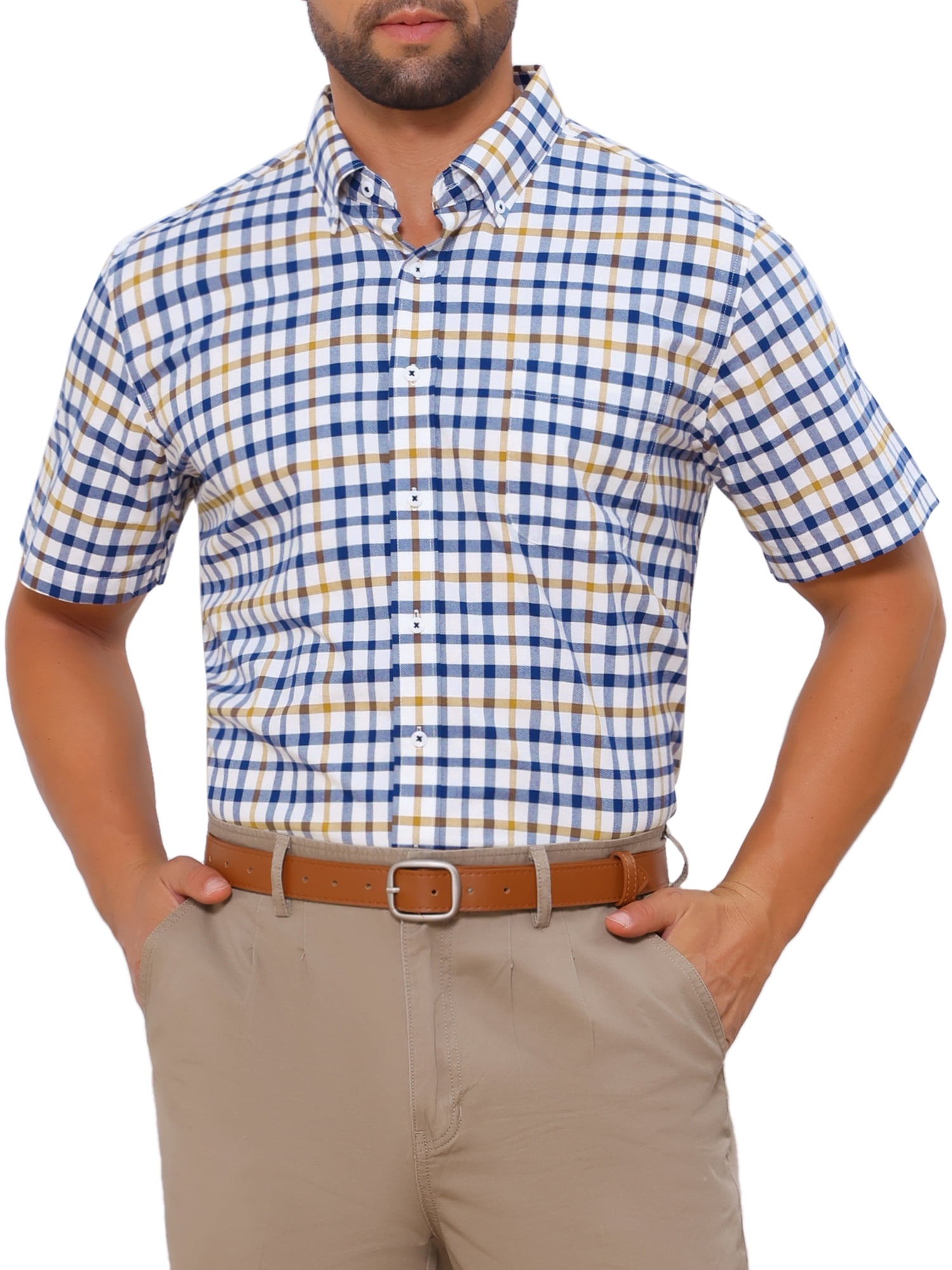 DARING DIVA Men's Point Collar Short Sleeve Button Business Plaid Shirts XL Blue Yellow
