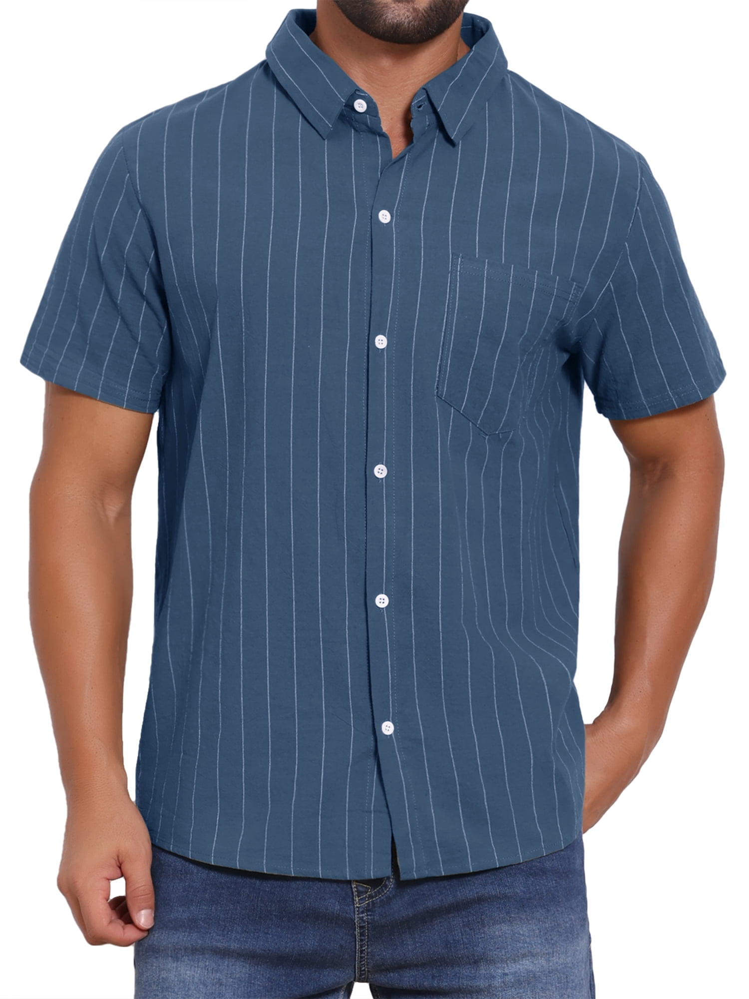 DARING DIVA Men's Point Collar Short Sleeve Button Down Stripes Shirts L Dark Blue