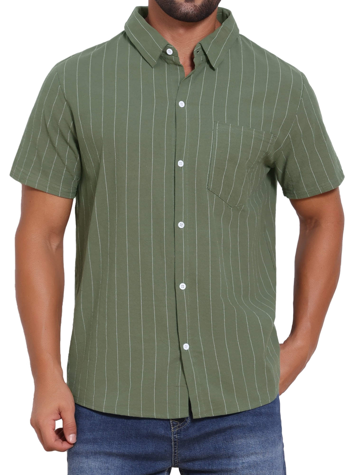 DARING DIVA Men's Point Collar Short Sleeve Button Down Stripes Shirts L Olive Green