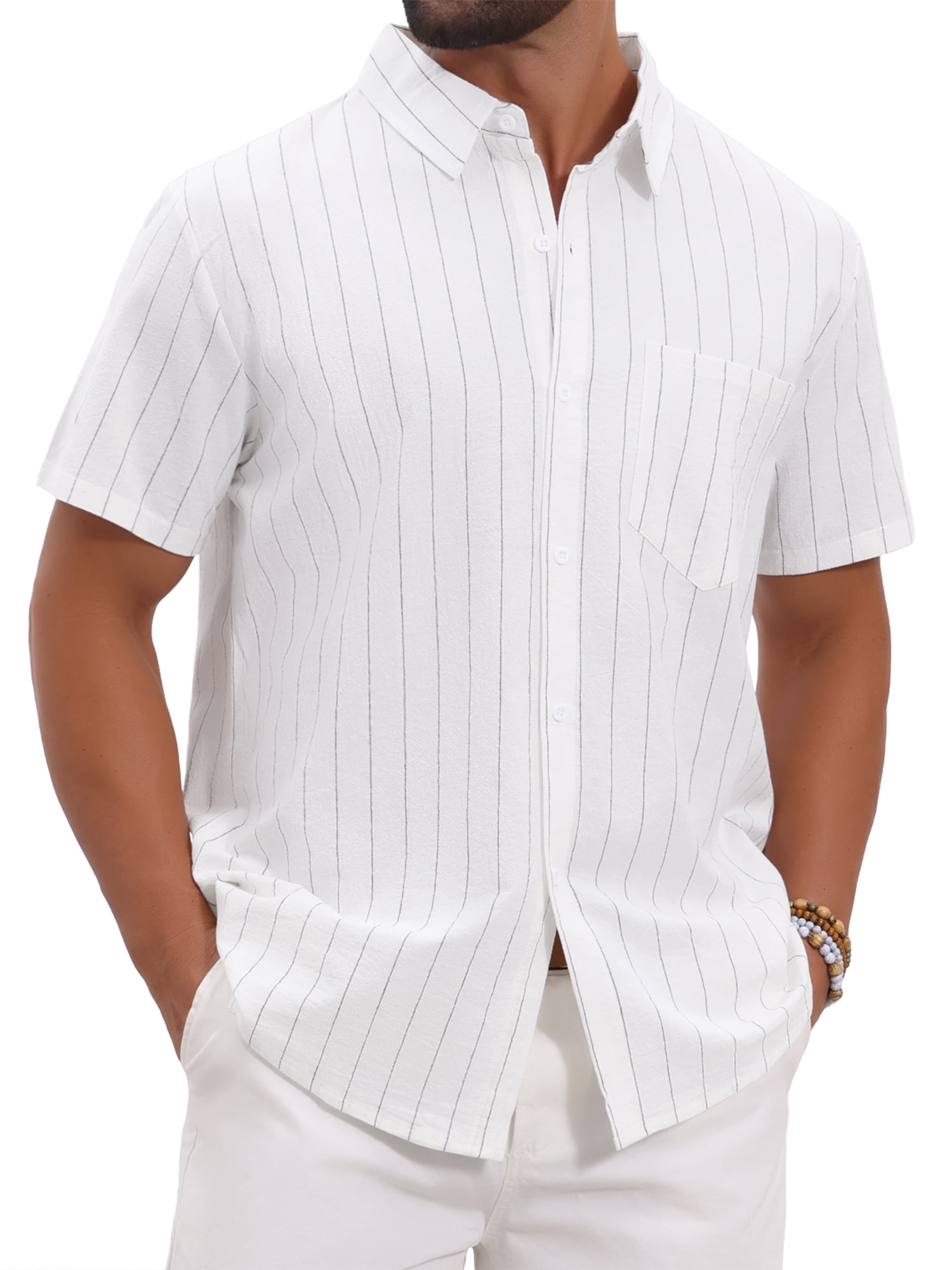 DARING DIVA Men's Point Collar Short Sleeve Button Down Stripes Shirts S White