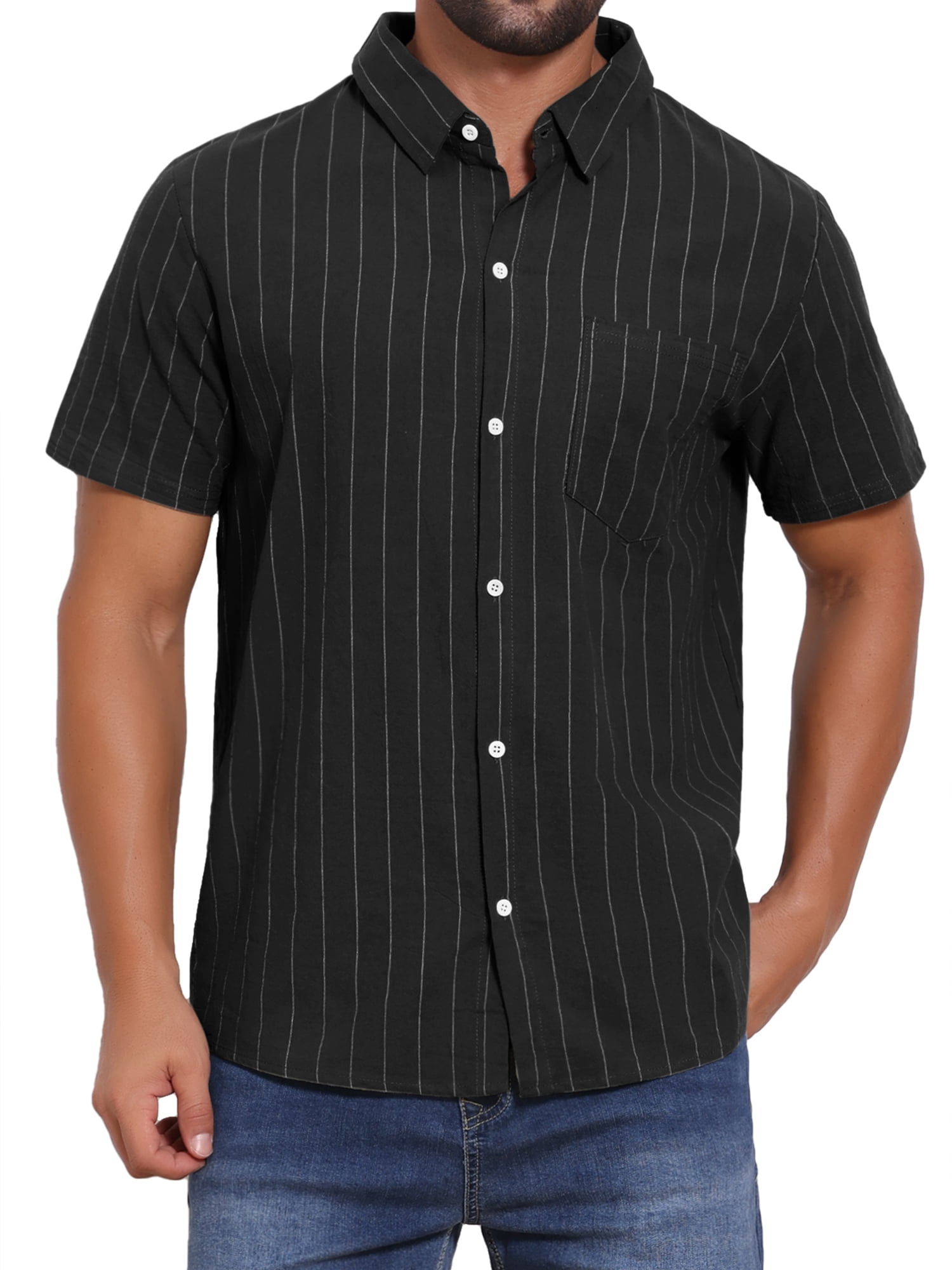 DARING DIVA Men's Point Collar Short Sleeve Button Down Stripes Shirts XL Black