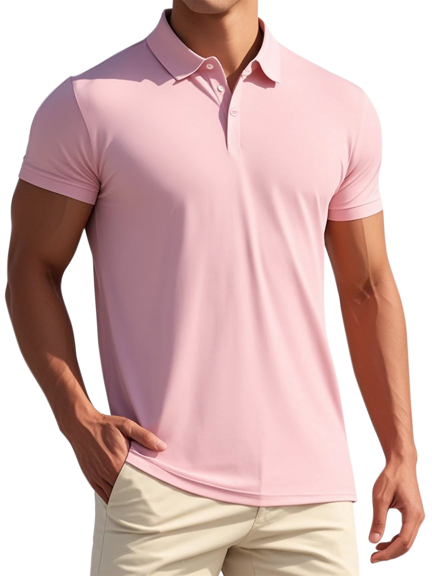 DARING DIVA Men's Solid Stretch Short Sleeve Slim Fit Golf Shirt M Pink
