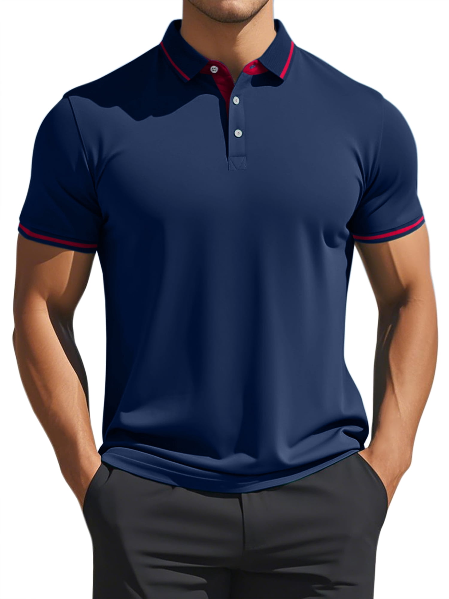 DARING DIVA Men's Polo Short Sleeves Classic Fit Business Summer Golf Shirt L Dark Blue