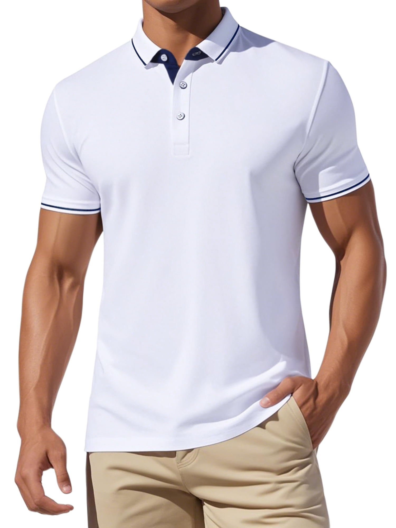 DARING DIVA Men's Polo Short Sleeves Classic Fit Business Summer Golf Shirt S White
