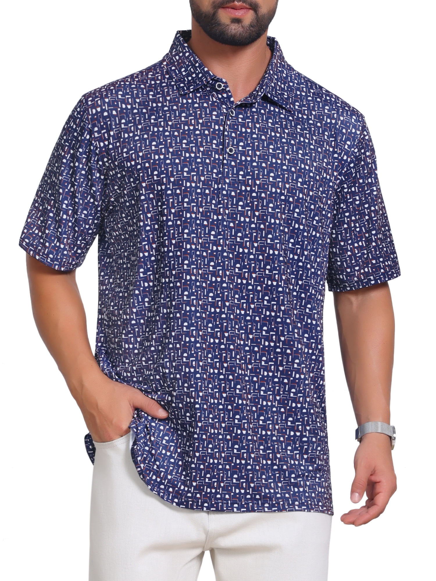 DARING DIVA Men's Printed Short Sleeve Lightweight Breathable Polo Shirts L Dark Blue
