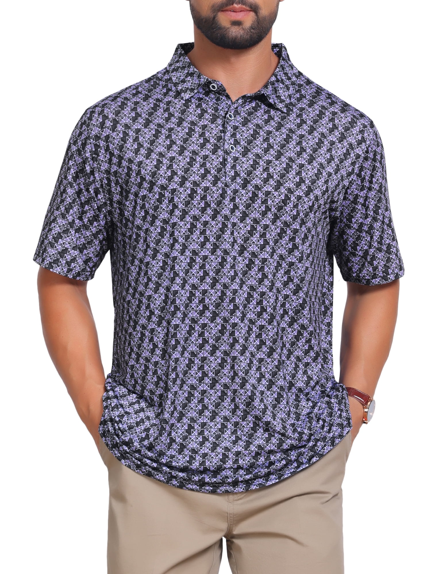 DARING DIVA Men's Printed Short Sleeve Lightweight Breathable Polo Shirts M Dark Purple