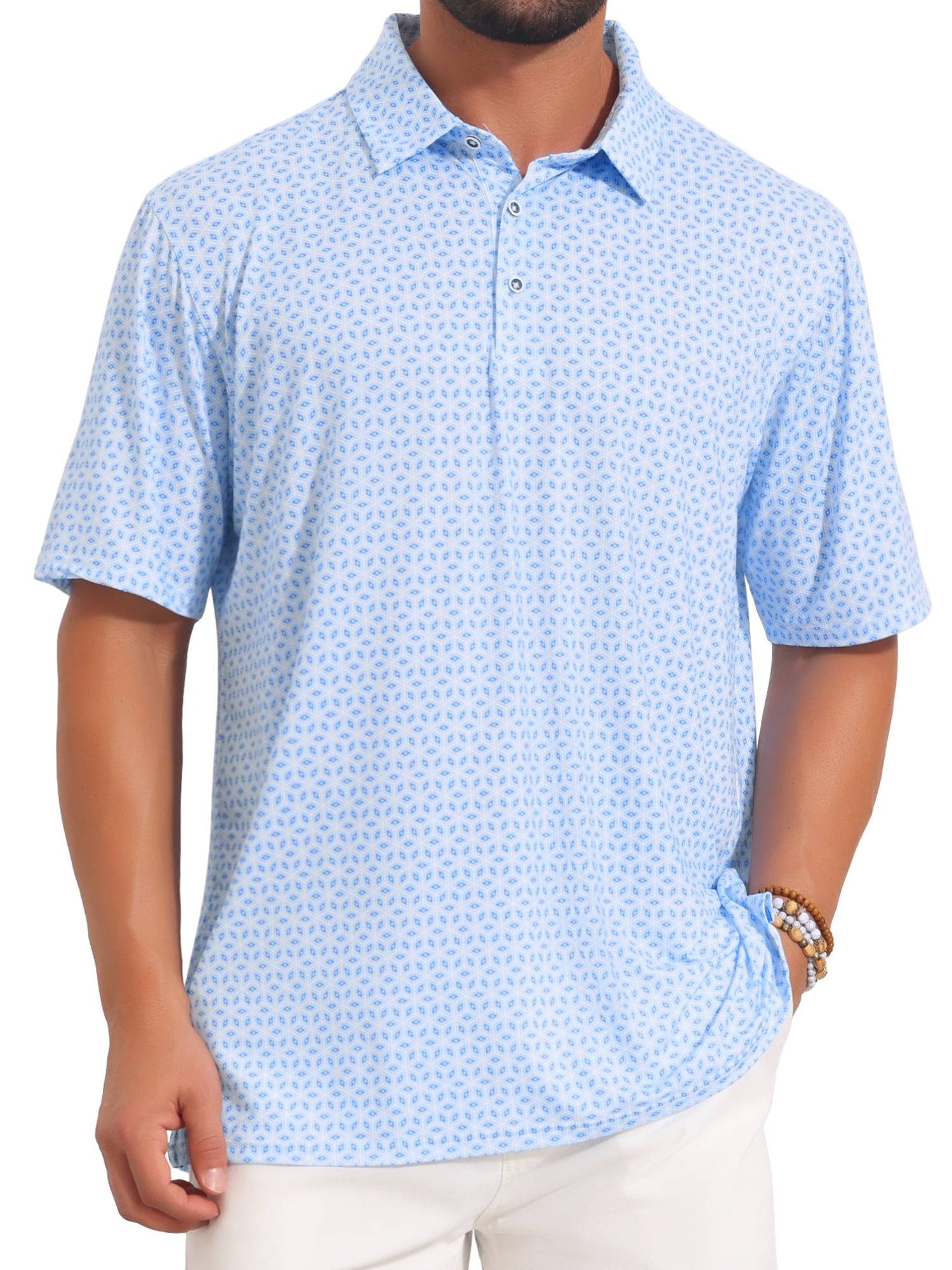 DARING DIVA Men's Printed Short Sleeve Lightweight Breathable Polo Shirts S Light Blue