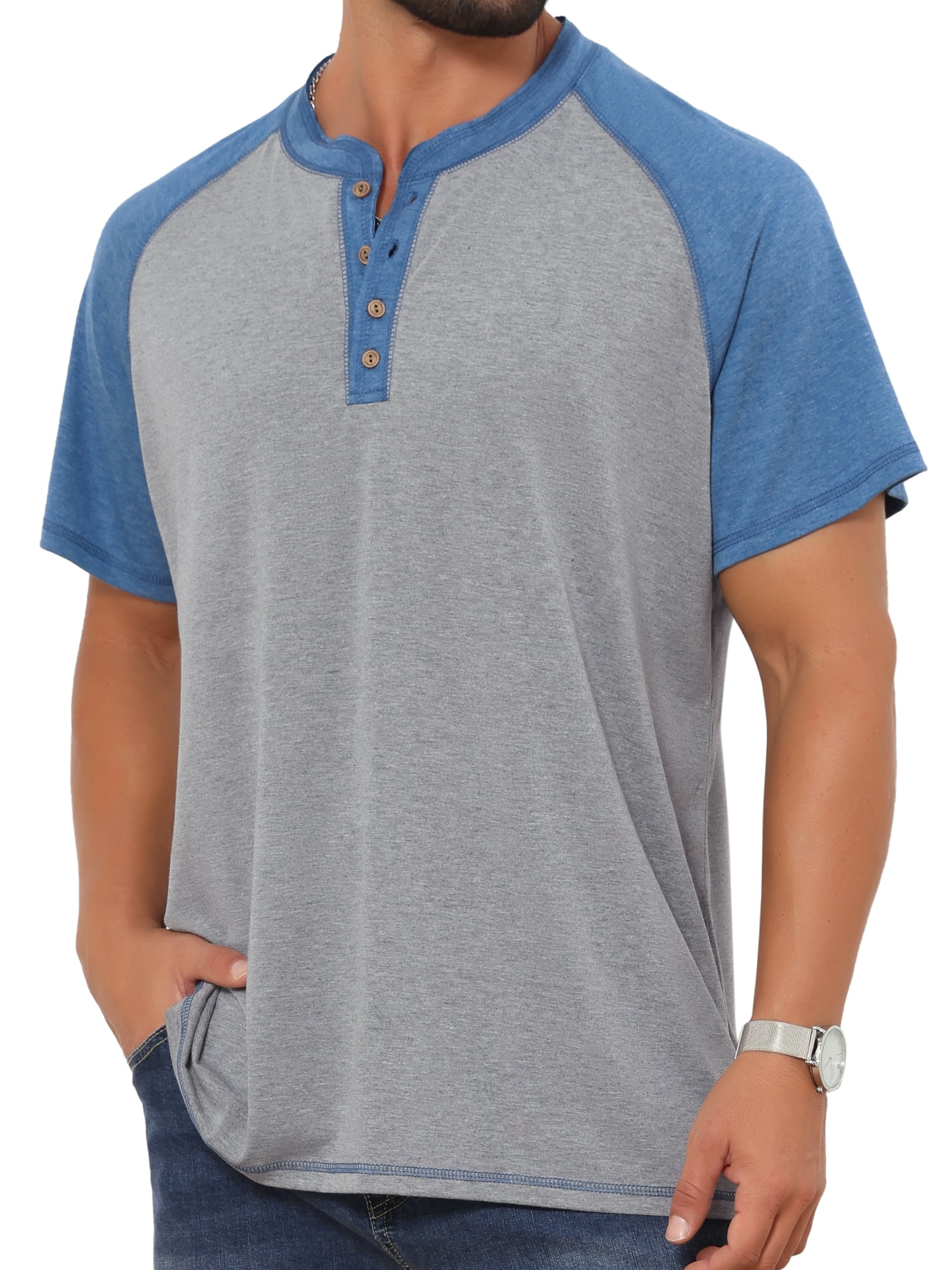 DARING DIVA Men's Raglan Henley Retro Short Sleeve Button Down T-Shirt L Light Gray