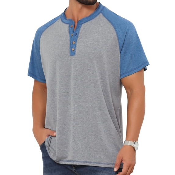 DARING DIVA Men's Raglan Henley Retro Short Sleeve Button Down T-Shirt L Light Gray