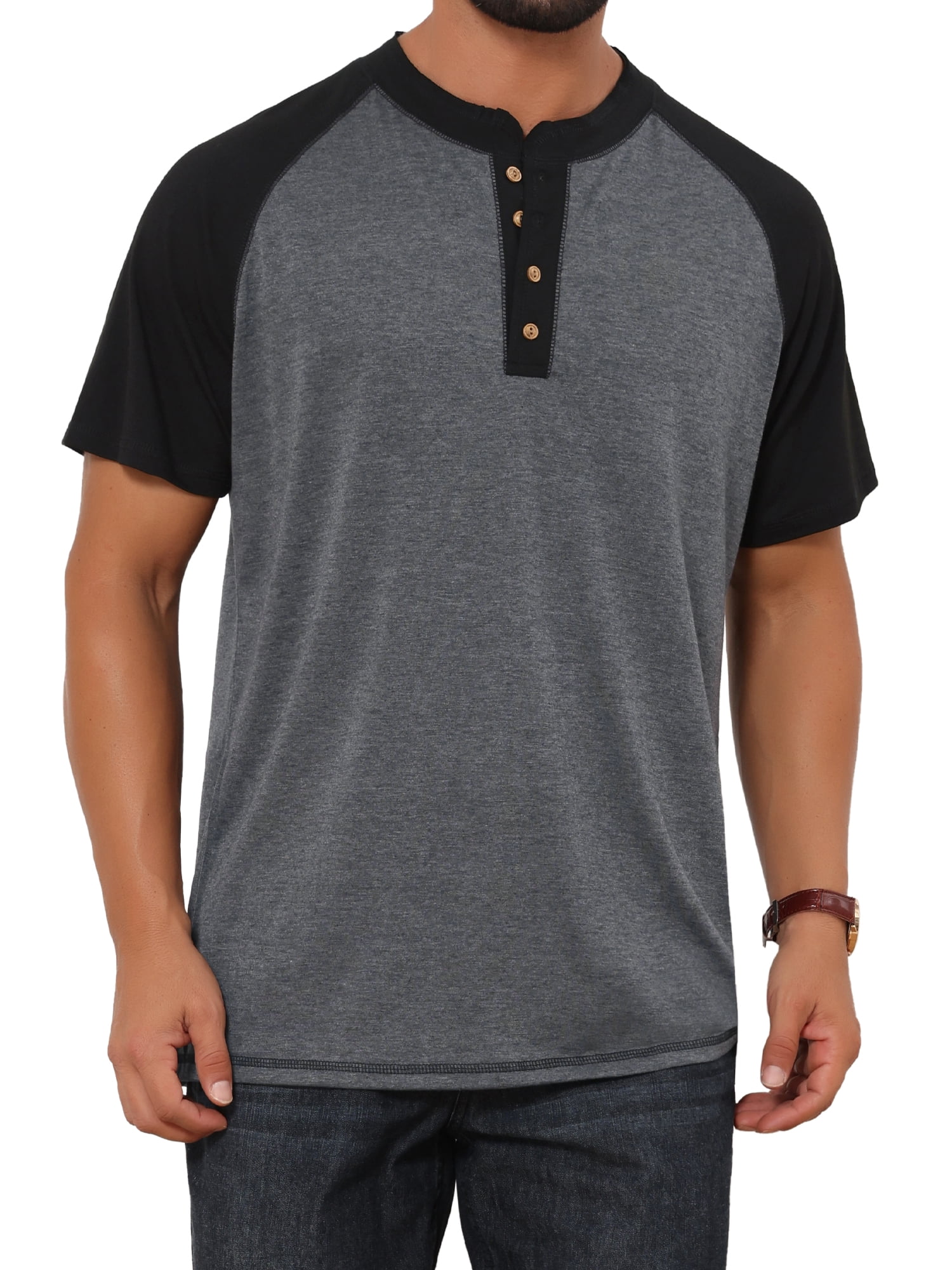 DARING DIVA Men's Raglan Henley Retro Short Sleeve Button Down T-Shirt S Dark Gray