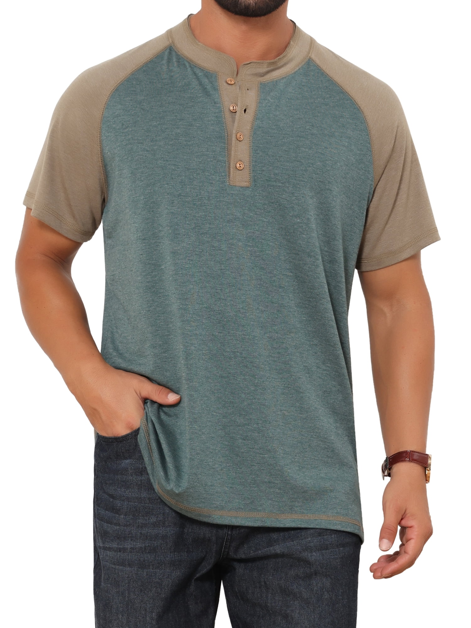 DARING DIVA Men's Raglan Henley Retro Short Sleeve Button Down T-Shirt S Green