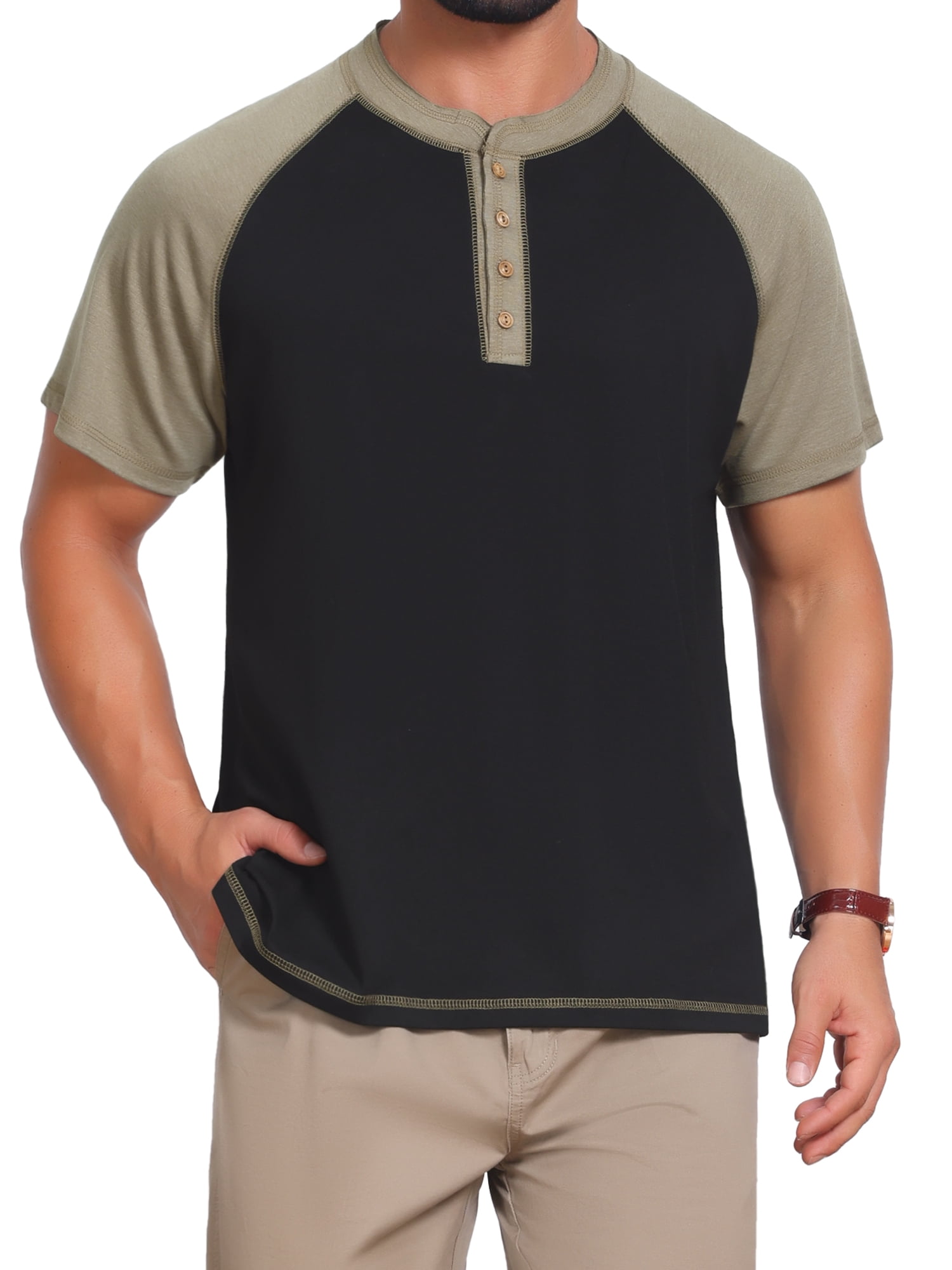 DARING DIVA Men's Raglan Henley Retro Short Sleeve Button Down T-Shirt XL Black