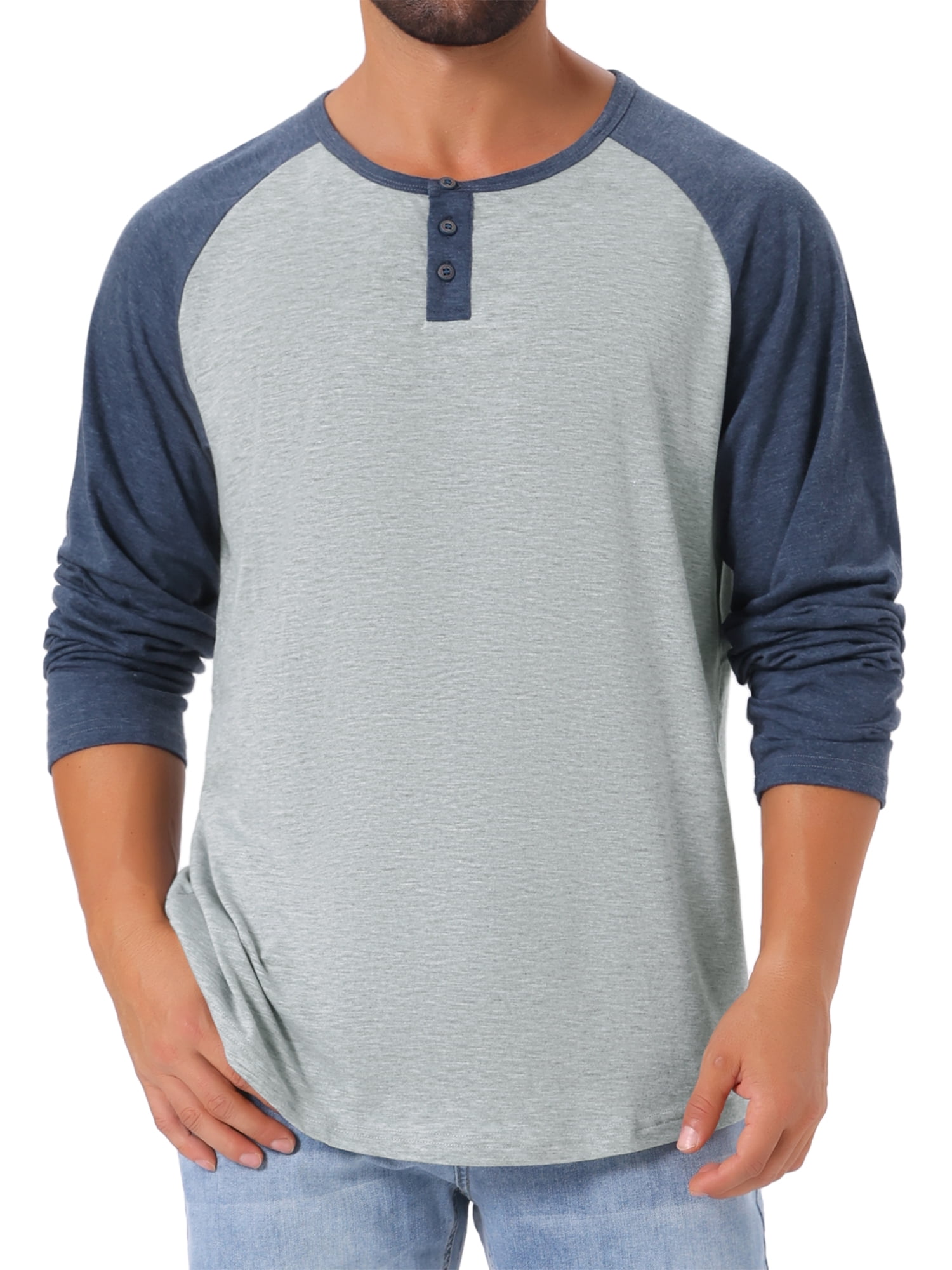 DARING DIVA Men's Raglan Long Sleeve Tee Shirt Baseball Henley T-Shirts L Gray Navy