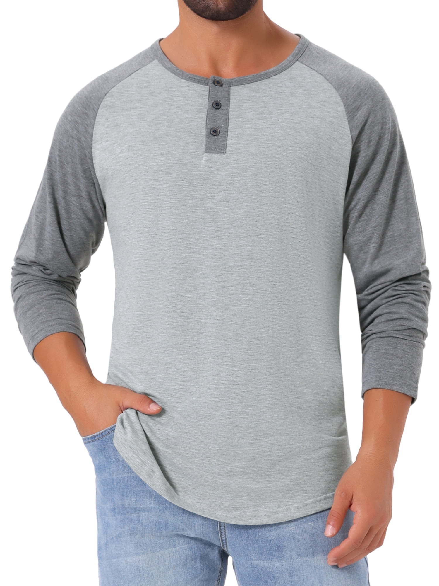 DARING DIVA Men's Raglan Long Sleeve Tee Shirt Baseball Henley T-Shirts L Gray
