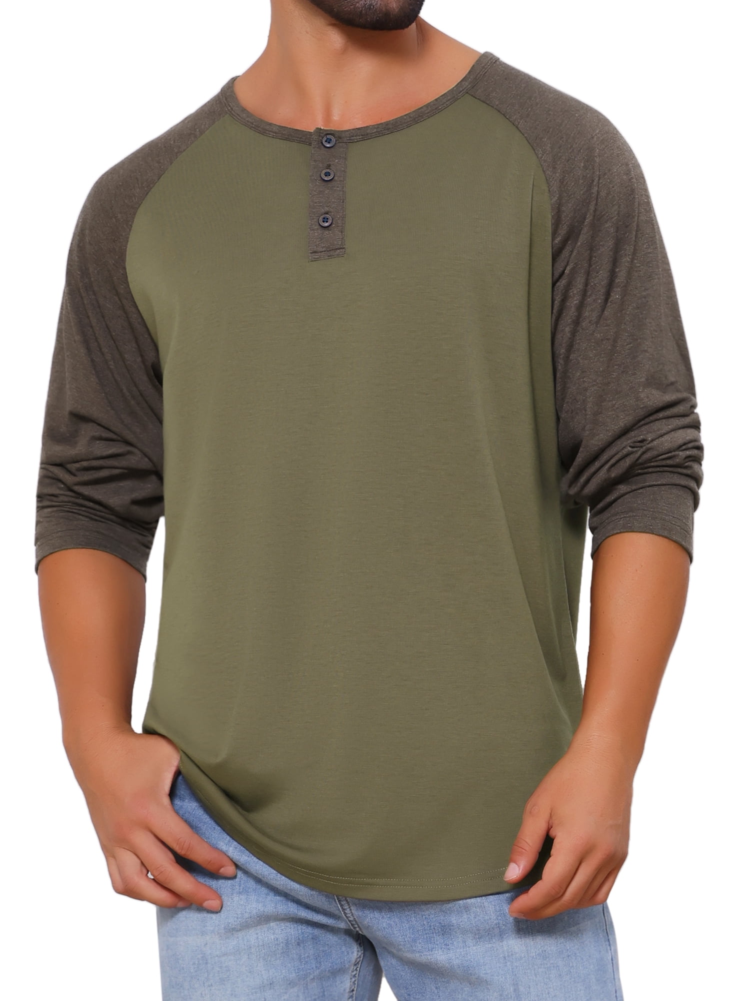 DARING DIVA Men's Raglan Long Sleeve Tee Shirt Baseball Henley T-Shirts S Green Brown