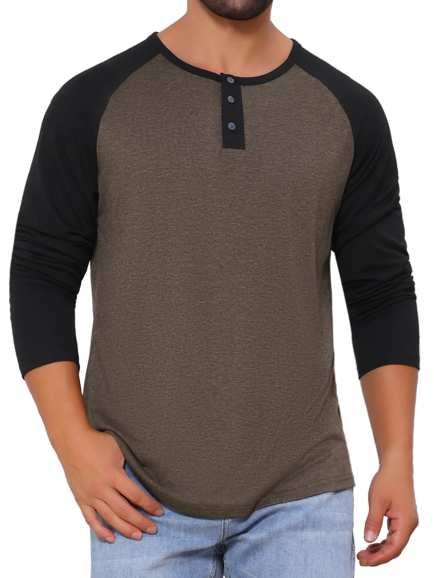 DARING DIVA Men's Raglan Long Sleeve Tee Shirt Baseball Henley T-Shirts XL Brown Black