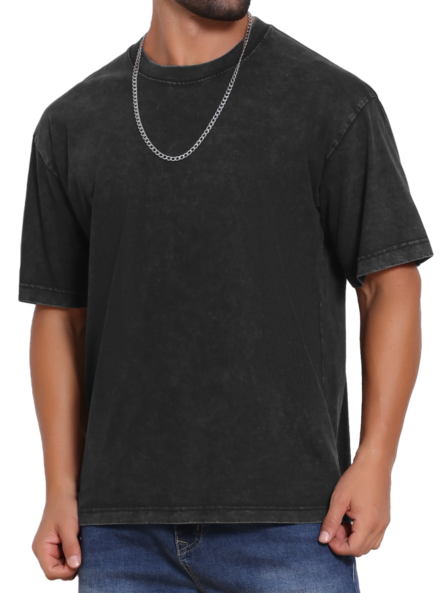 DARING DIVA Men's Retro Distressed Crew Neck Short Sleeve Solid T-Shirt L Black