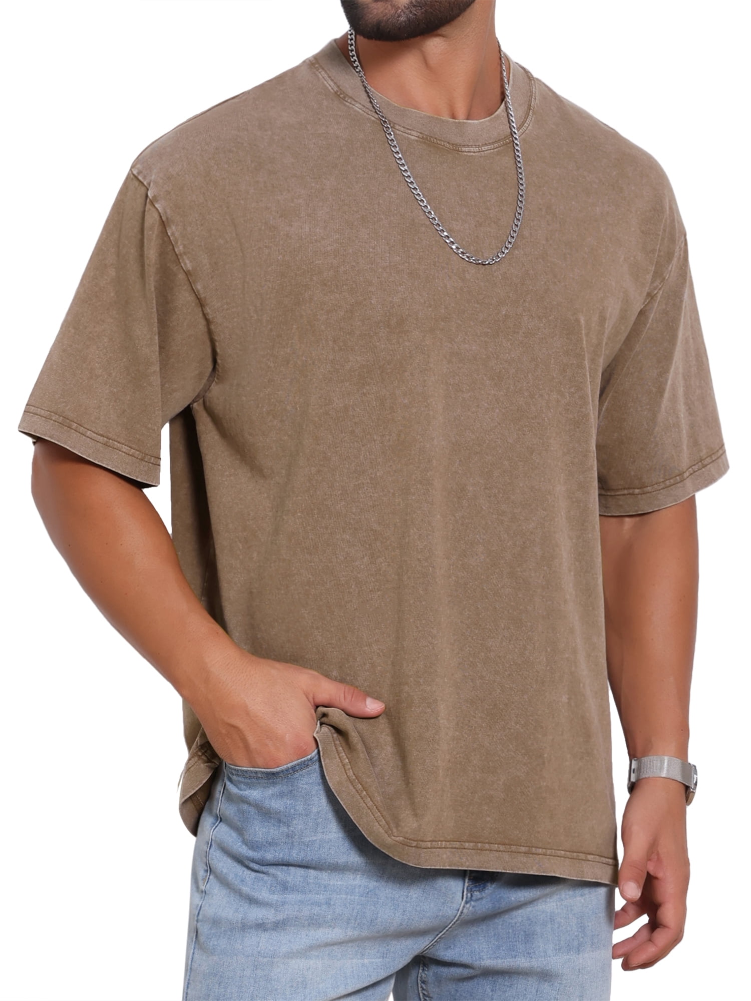 DARING DIVA Men's Retro Distressed Crew Neck Short Sleeve Solid T-Shirt L Brown