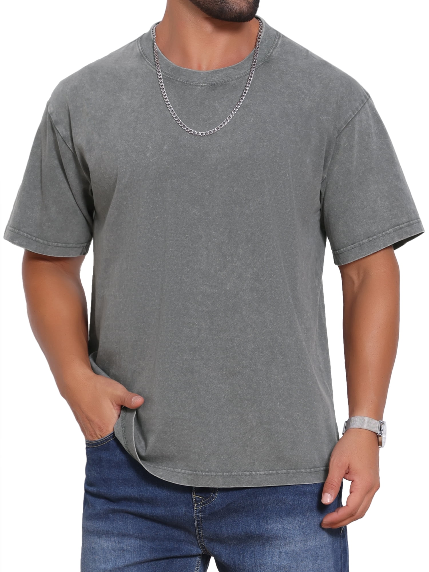 DARING DIVA Men's Retro Distressed Crew Neck Short Sleeve Solid T-Shirt L Gray