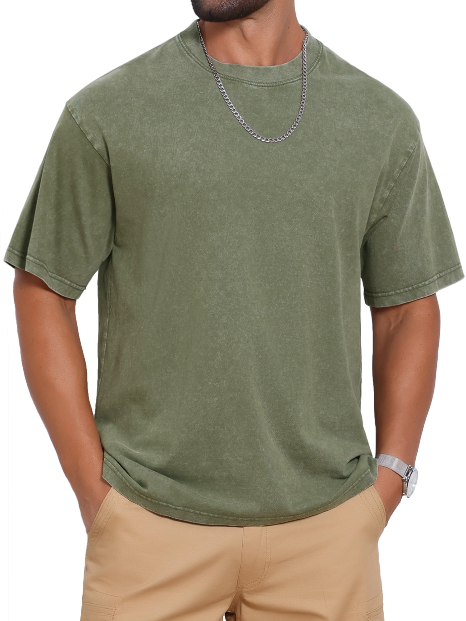 DARING DIVA Men's Retro Distressed Crew Neck Short Sleeve Solid T-Shirt L Olive Green