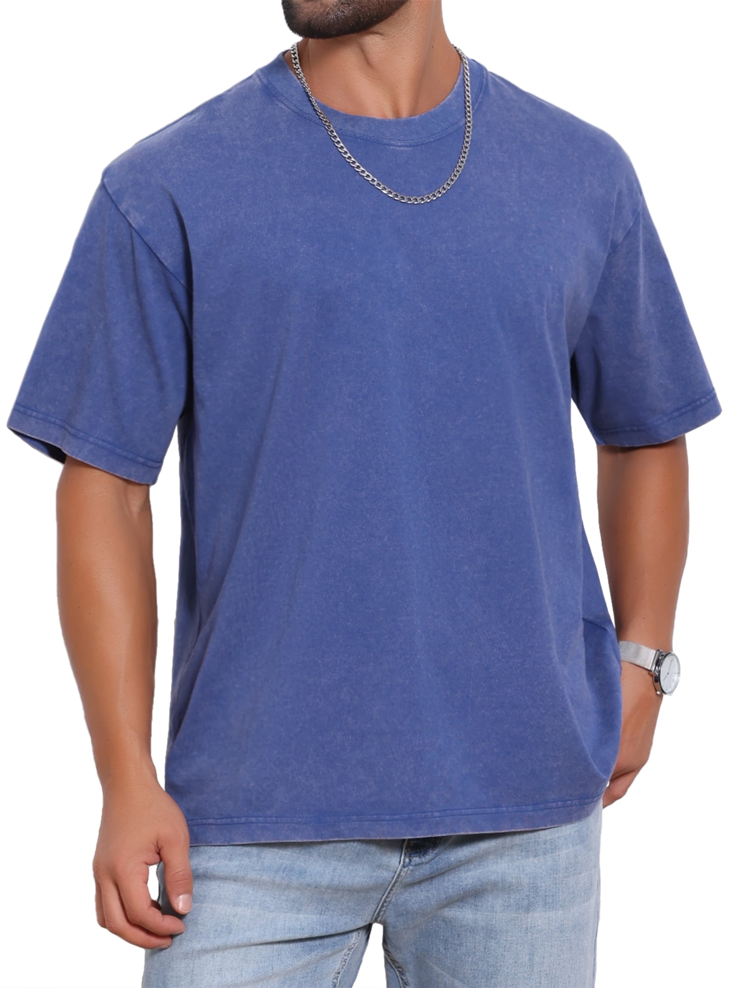 DARING DIVA Men's Retro Distressed Crew Neck Short Sleeve Solid T-Shirt XL Blue
