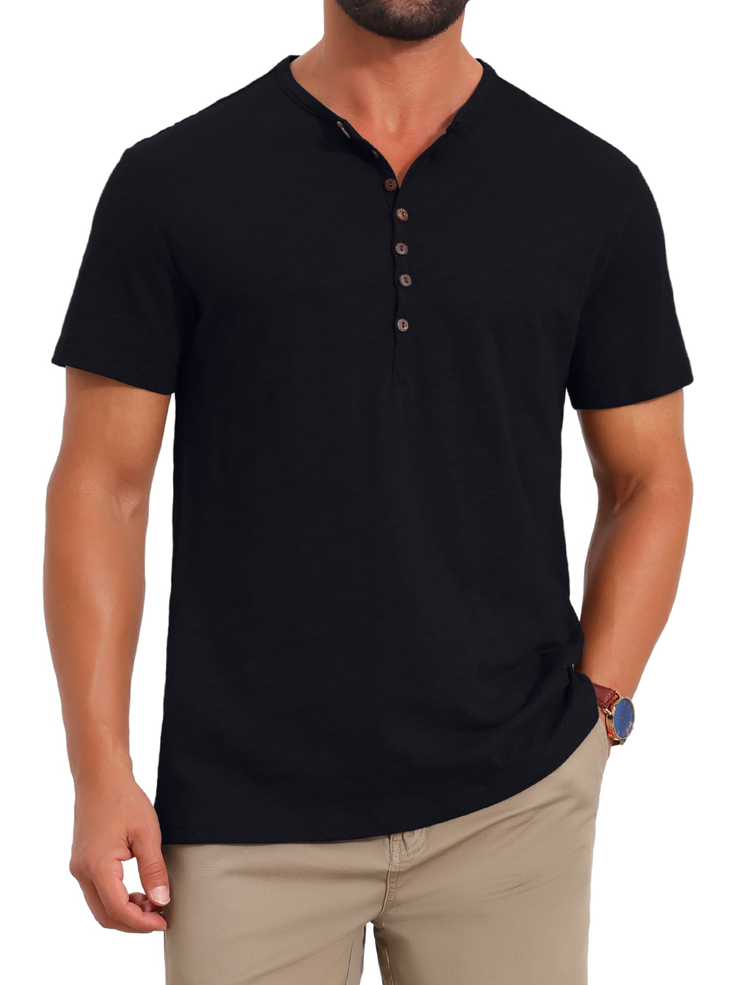 DARING DIVA Men's Retro Henley Texture Button Down Short Sleeve T-Shirt 2XL Black