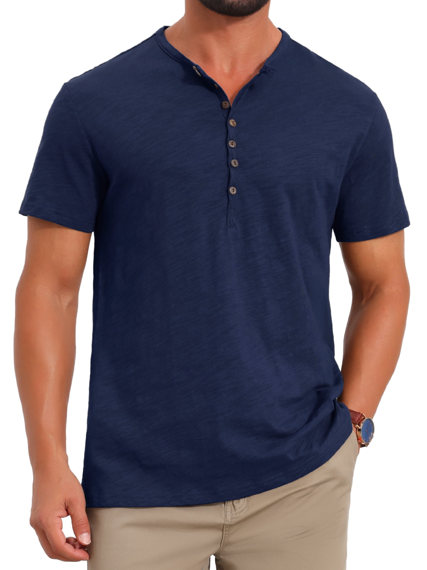 DARING DIVA Men's Retro Henley Texture Button Down Short Sleeve T-Shirt L Navy Blue