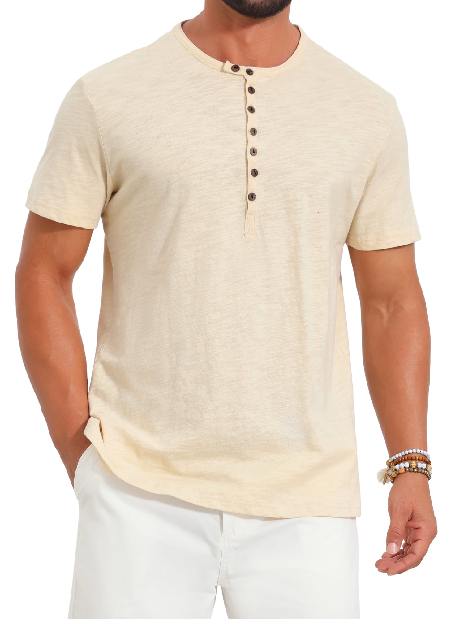 DARING DIVA Men's Retro Henley Texture Button Down Short Sleeve T-Shirt S Beige