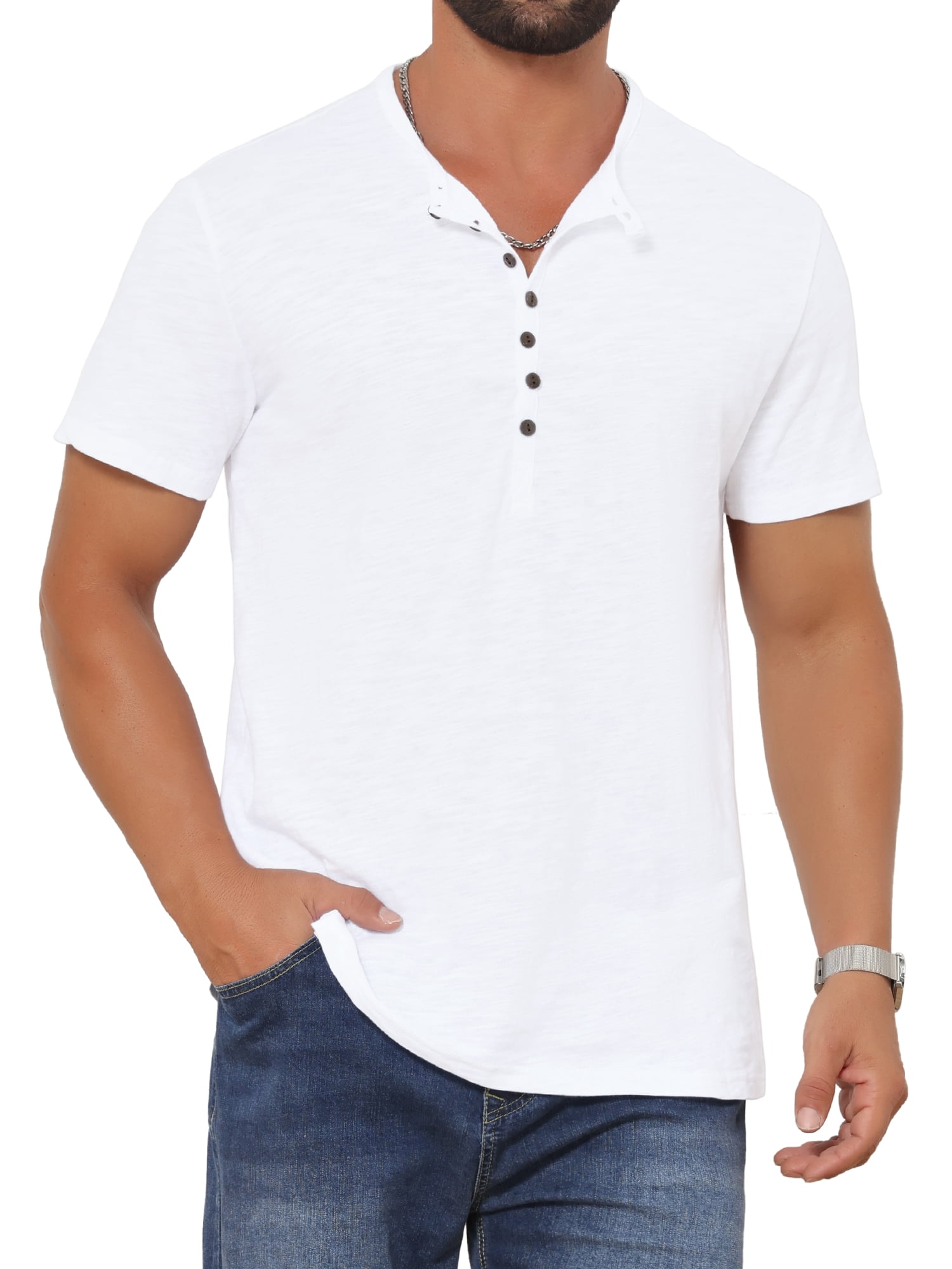 DARING DIVA Men's Retro Henley Texture Button Down Short Sleeve T-Shirt S White