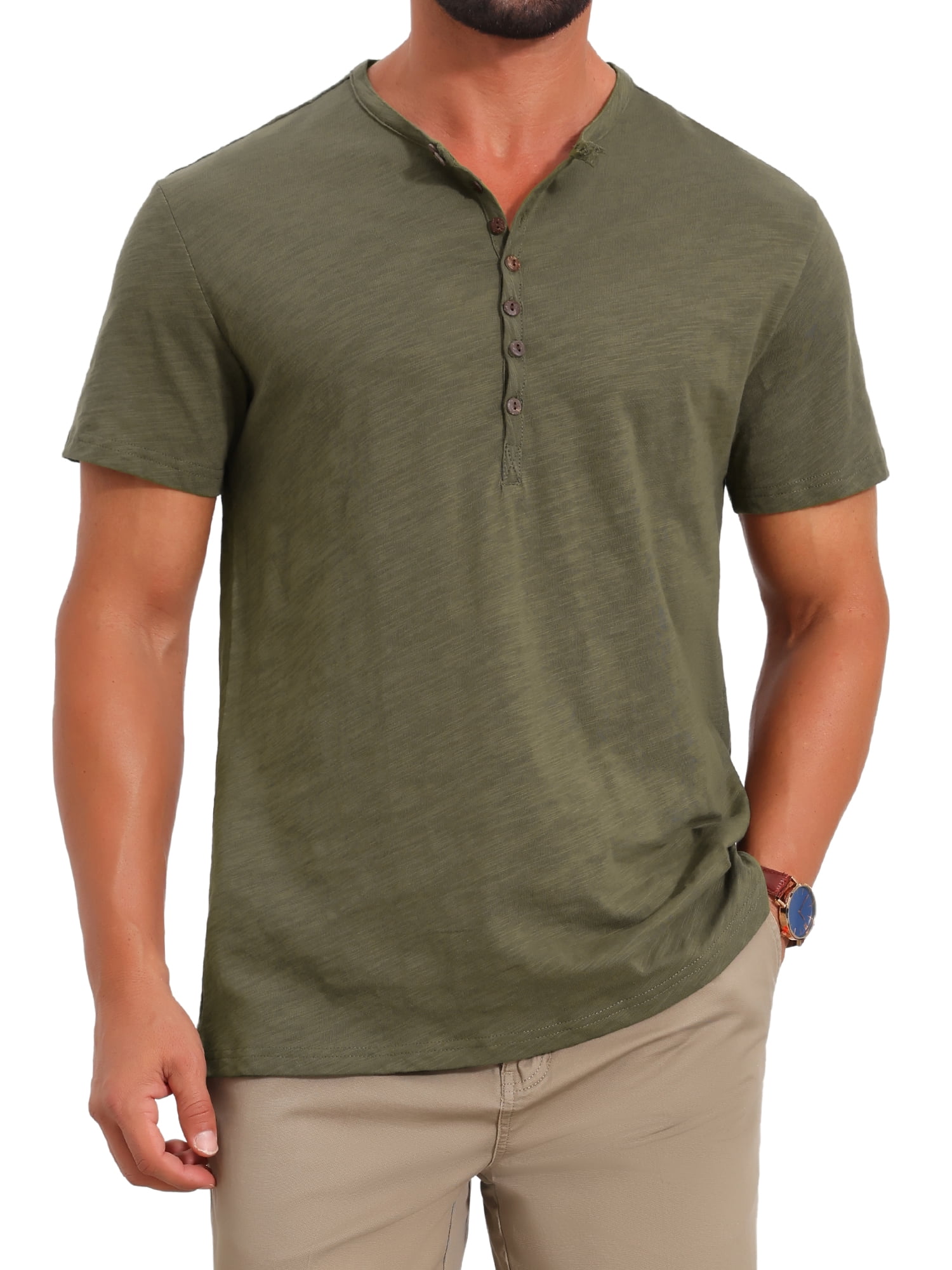 DARING DIVA Men's Retro Henley Texture Button Down Short Sleeve T-Shirt XL Olive Green