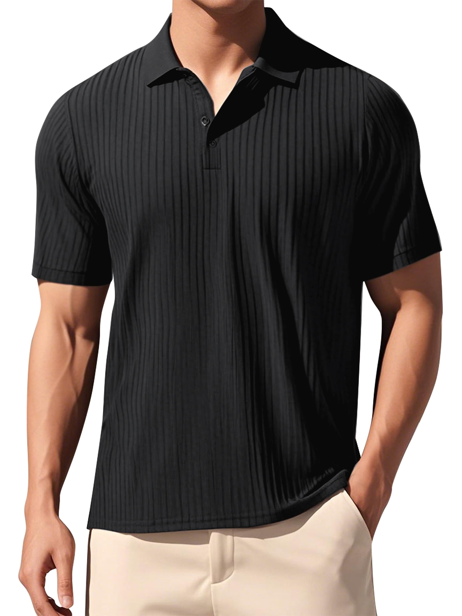 DARING DIVA Men's Ribbed Slim Fit Short Sleeves Casual Collared Golf Polo Shirt L Black