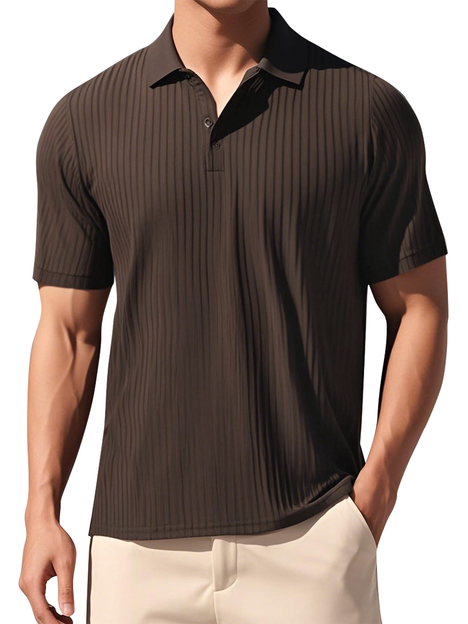 DARING DIVA Men's Ribbed Slim Fit Short Sleeves Casual Collared Golf Polo Shirt M Brown