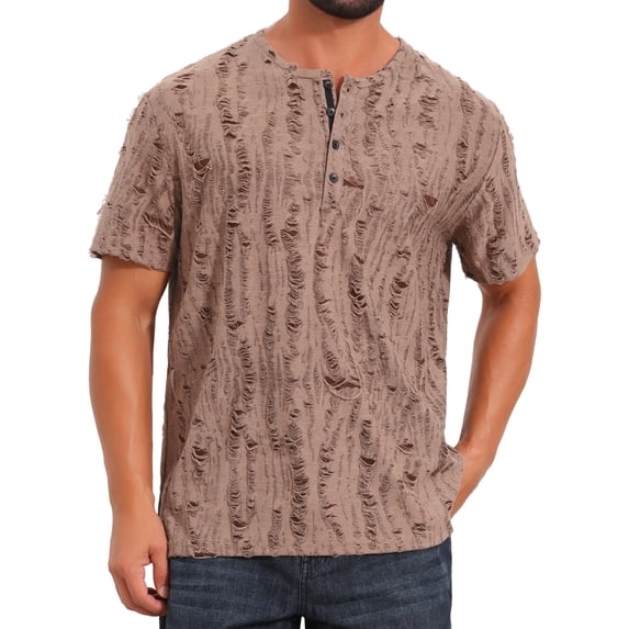 DARING DIVA Men's Ripped Henley Retro Short Sleeve Button Down T-Shirt L Brown